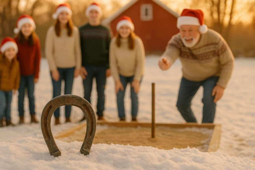 A grandfather wearing a Santa hat throws a horseshoe as his family watches, enjoying a snowy golden-hour game together.