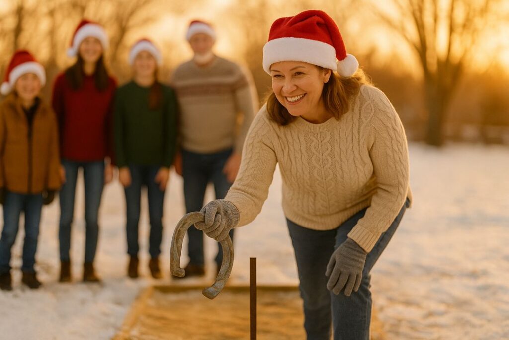 A woman in a Santa hat smiles as she bends to pick up a horseshoe during a family Christmas game outdoors.