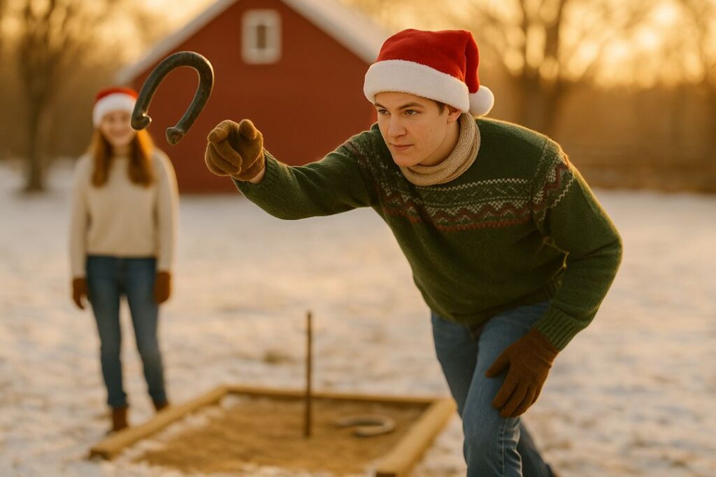 A young man wearing a Santa hat throws a horseshoe toward the stake during a family holiday game in a snowy backyard.