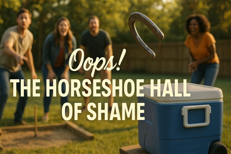 A horseshoe flying off-course toward a cooler as friends laugh in the background during a backyard horseshoe game at golden hour.