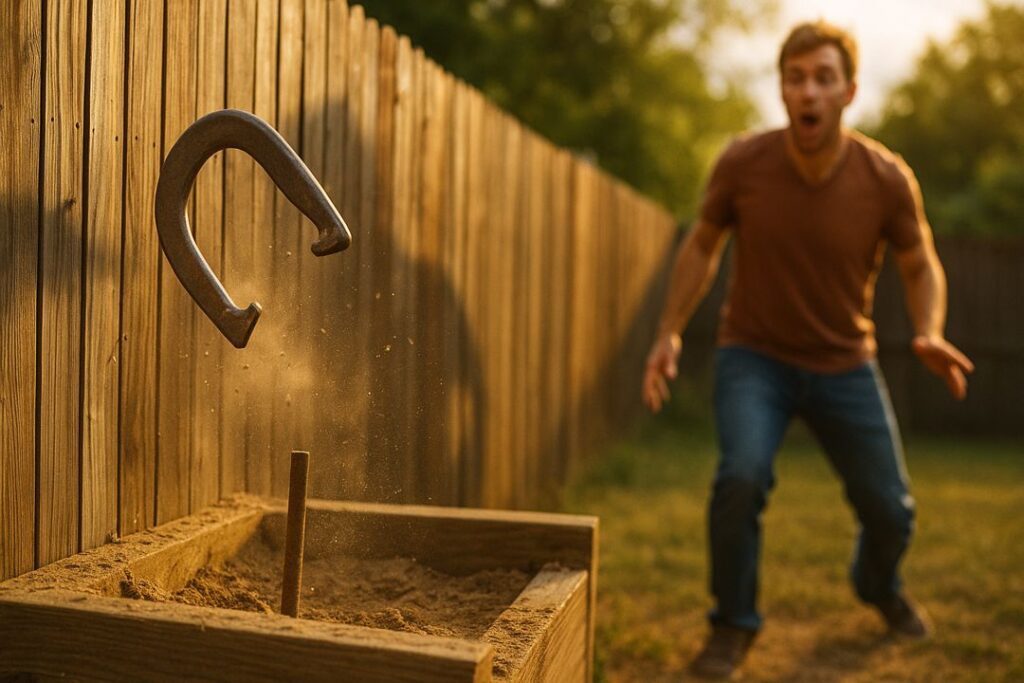 A horseshoe bouncing off a wooden fence behind the pit while a shocked player reacts in warm sunset light.