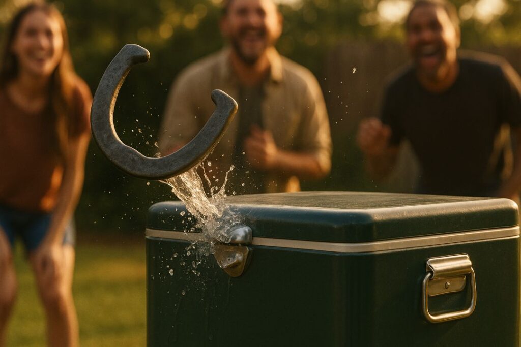 A close-up of a horseshoe striking a metal cooler and splashing water as friends laugh behind it in a backyard.