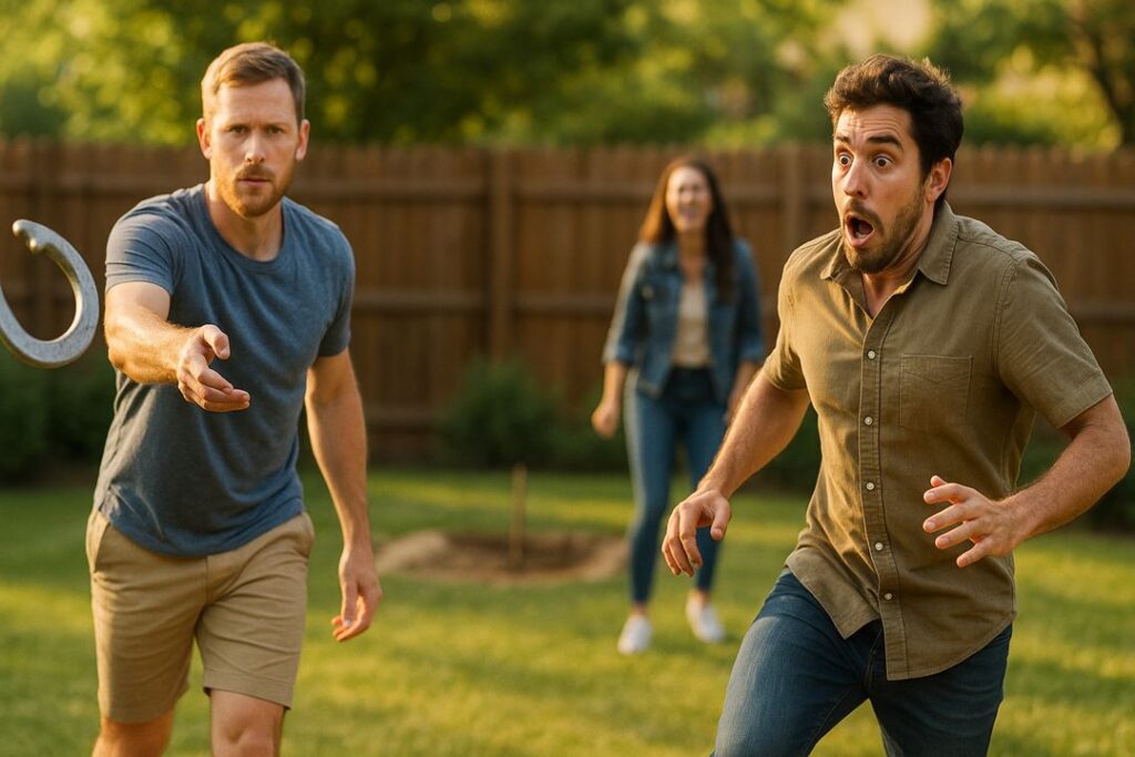 A horseshoe player mid-throw as a teammate near the pit dodges with a surprised expression in a golden-hour backyard.