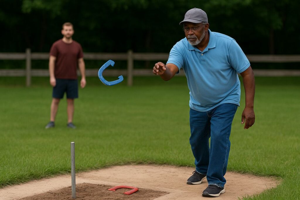 An older African American man pitching a horseshoe in a sunny backyard court surrounded by green grass and trees