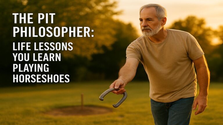A middle-aged man pitching a horseshoe with focus in a backyard at sunset, illustrating wisdom and calm from the game
