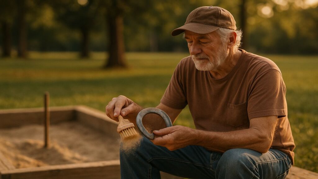 An older man gently brushing sand off a horseshoe near a pit during golden hour, calm and reflective moment.