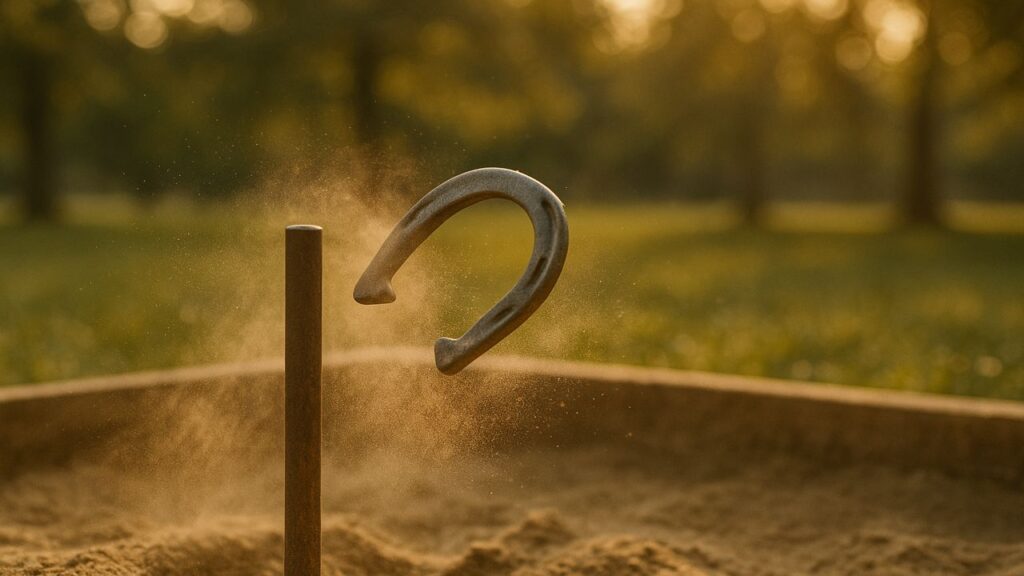 A horseshoe spins through warm sunlight toward a stake, dust rising around the pit in a golden-hour glow.