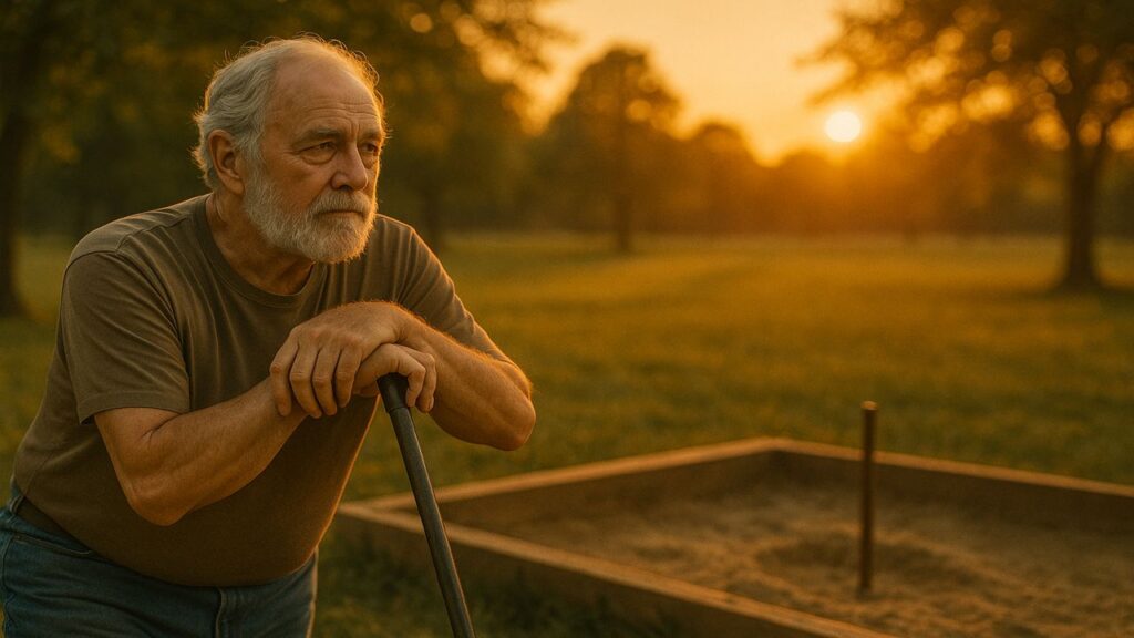 An older man leans on a rake beside his horseshoe pit at sunset, looking thoughtful under warm golden light.