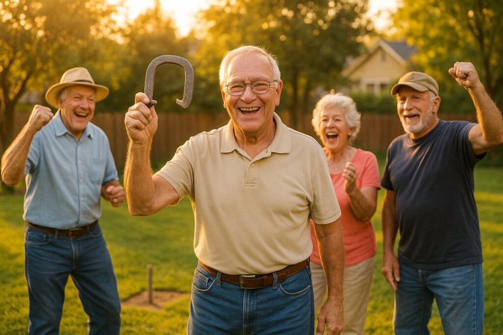 Group of older adults laughing and cheering after a successful horseshoe toss in a warm, golden-hour backyard scene.