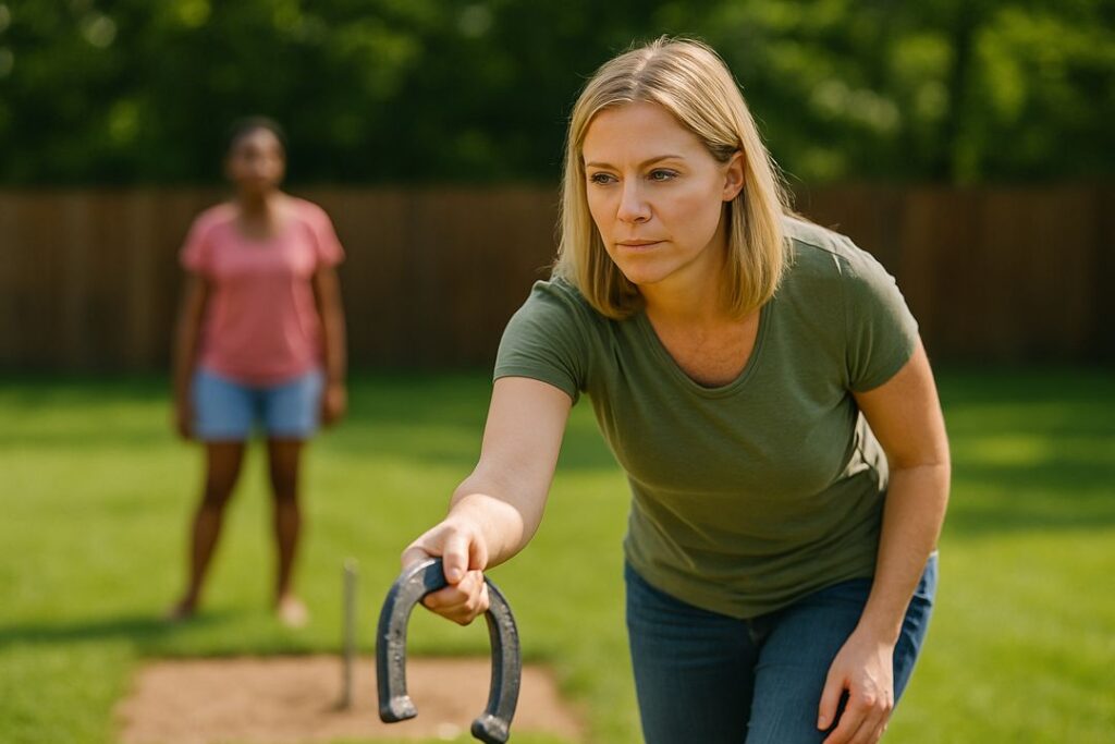 A Caucasian woman focusing on her stance while pitching a horseshoe in a backyard setting, bright daylight and green grass background.