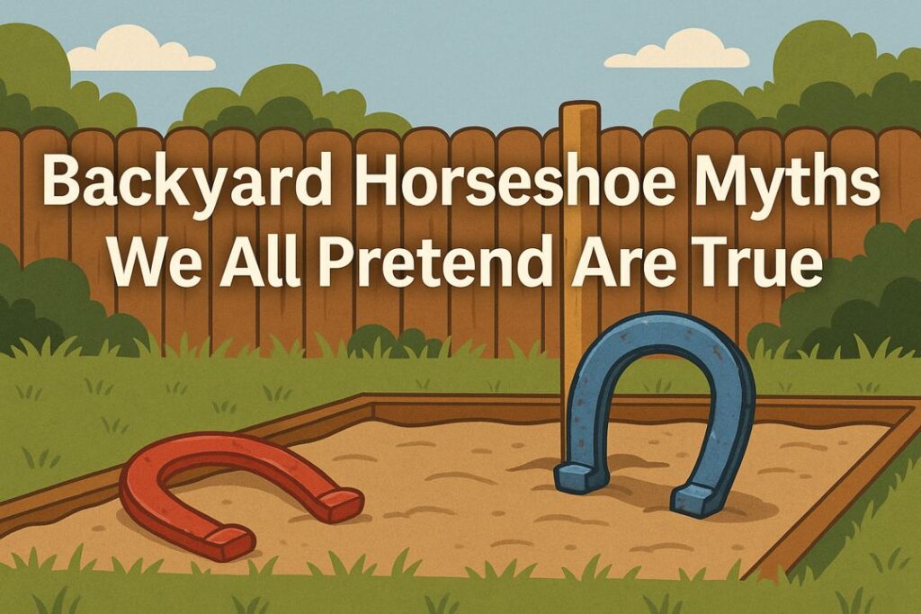 Cartoon-style landscape of a backyard horseshoe pit with a wooden fence and horseshoes in the sand, with the title “Backyard Horseshoe Myths We All Pretend Are True” across the top.
