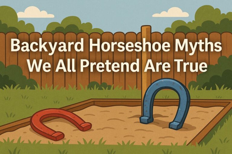 Cartoon-style landscape of a backyard horseshoe pit with a wooden fence and horseshoes in the sand, with the title “Backyard Horseshoe Myths We All Pretend Are True” across the top.