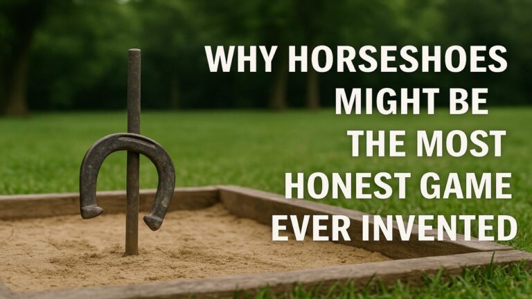 A man smiling at a backyard horseshoe pit while pitching a horseshoe, with the title “Why Horseshoes Might Be the Most Honest Game Ever Invented” displayed in clear text.
