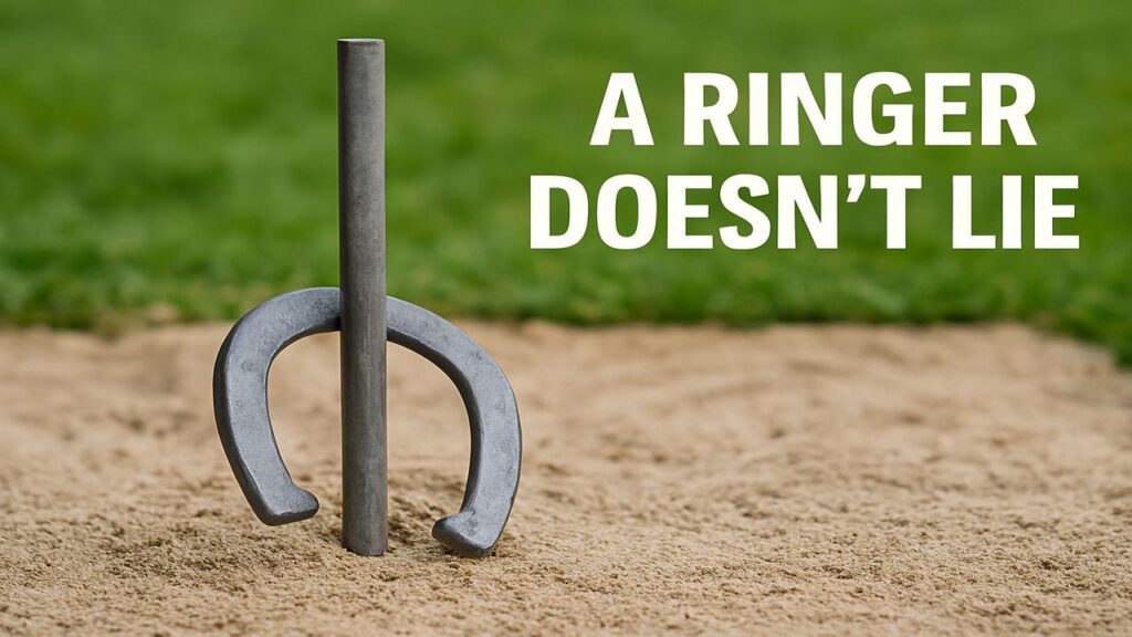 A horseshoe lying flat on the ground wrapped cleanly around the stake, with the text “A Ringer Doesn’t Lie” in the upper-right corner.