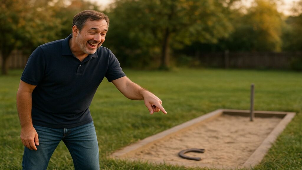 A horseshoe landing noticeably short of the stake while a smiling player points proudly at it, capturing a classic “almost a ringer” moment at a backyard pit.