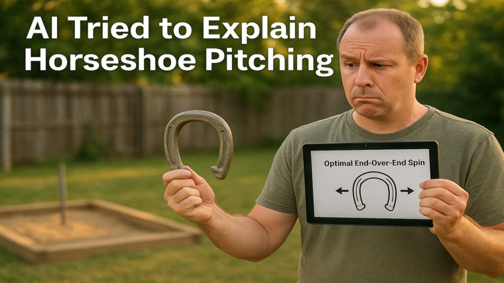 A confused backyard horseshoe player holds a horseshoe correctly while looking at an AI-generated diagram, standing beside a realistic horseshoe pit at golden hour.