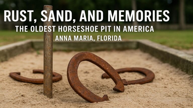 Close-up of rusted horseshoes and a weathered stake in the historic Anna Maria City Hall horseshoe pit in Florida, showcasing over 100 years of continuous play.