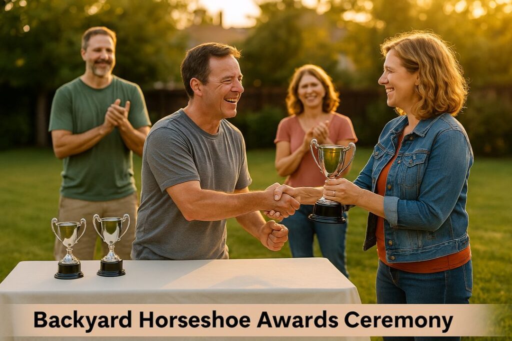 A smiling man receives a silver trophy from a woman during a backyard awards ceremony, with friends clapping in the background at golden hour.
