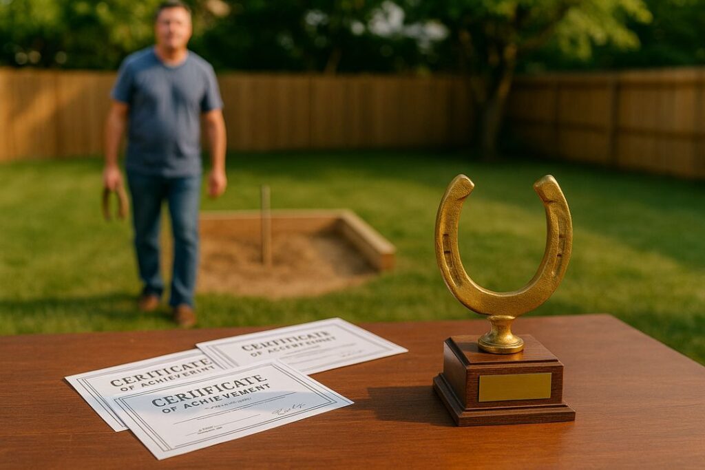 A golden horseshoe trophy and certificates sit on a wooden table in a backyard while a man stands near a horseshoe pit.