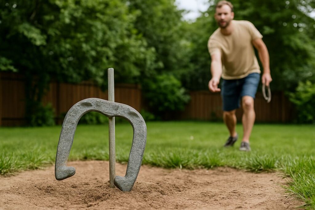 Close-up of a horseshoe hooked on the stake in a backyard pit while a man in the background pitches another shoe.