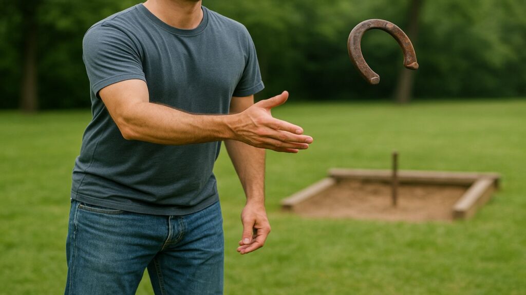 A man pitching a horseshoe in a backyard horseshoe pit, representing the simplicity and honesty of the game.