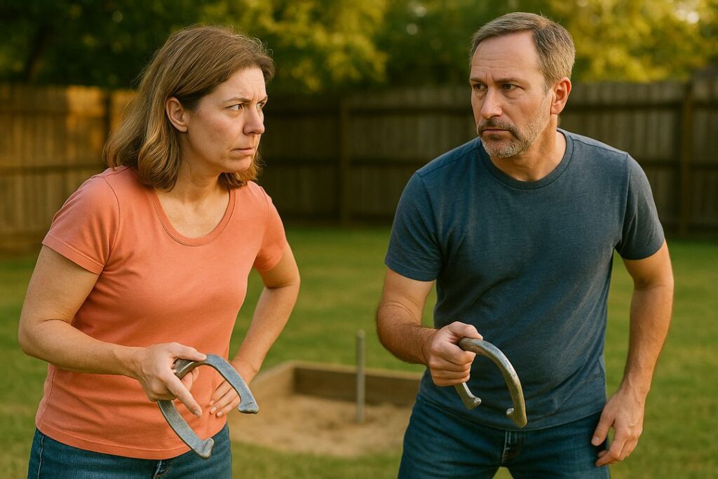 A married couple competing in a backyard horseshoe match, exchanging playful rivalry expressions as one prepares to pitch toward the stake.