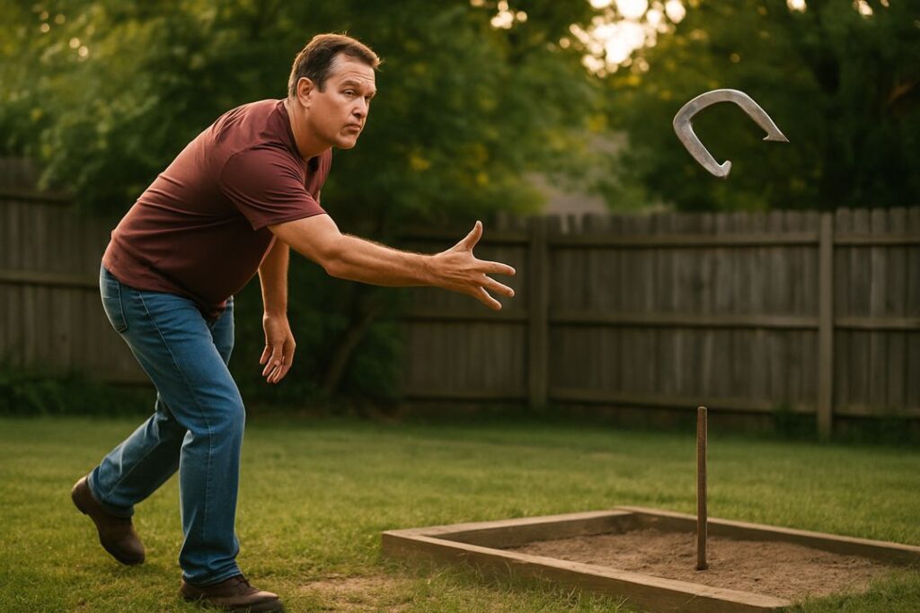 Middle-aged man pitching a horseshoe during golden hour, arm extended as the horseshoe arcs toward the stake in a backyard pit.