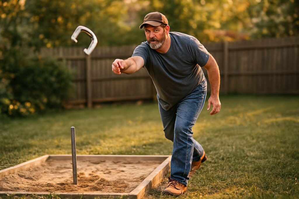 A focused horseshoe pitcher leans forward during a mid-throw motion in warm golden-hour light, aiming toward a sand pit and stake in a backyard.