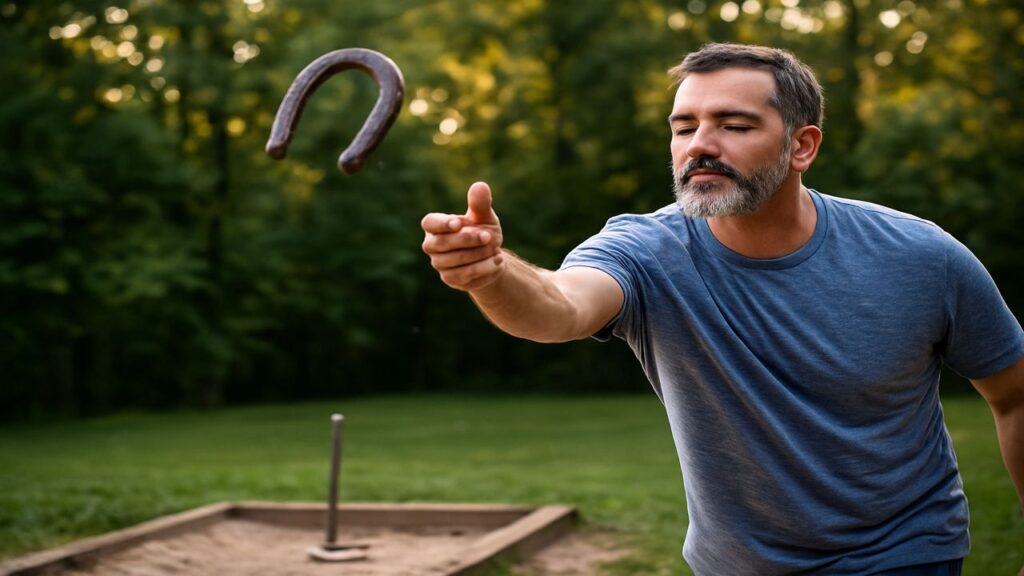 A middle-aged man pitching a horseshoe with his eyes closed in a calm, controlled motion at a backyard pit.