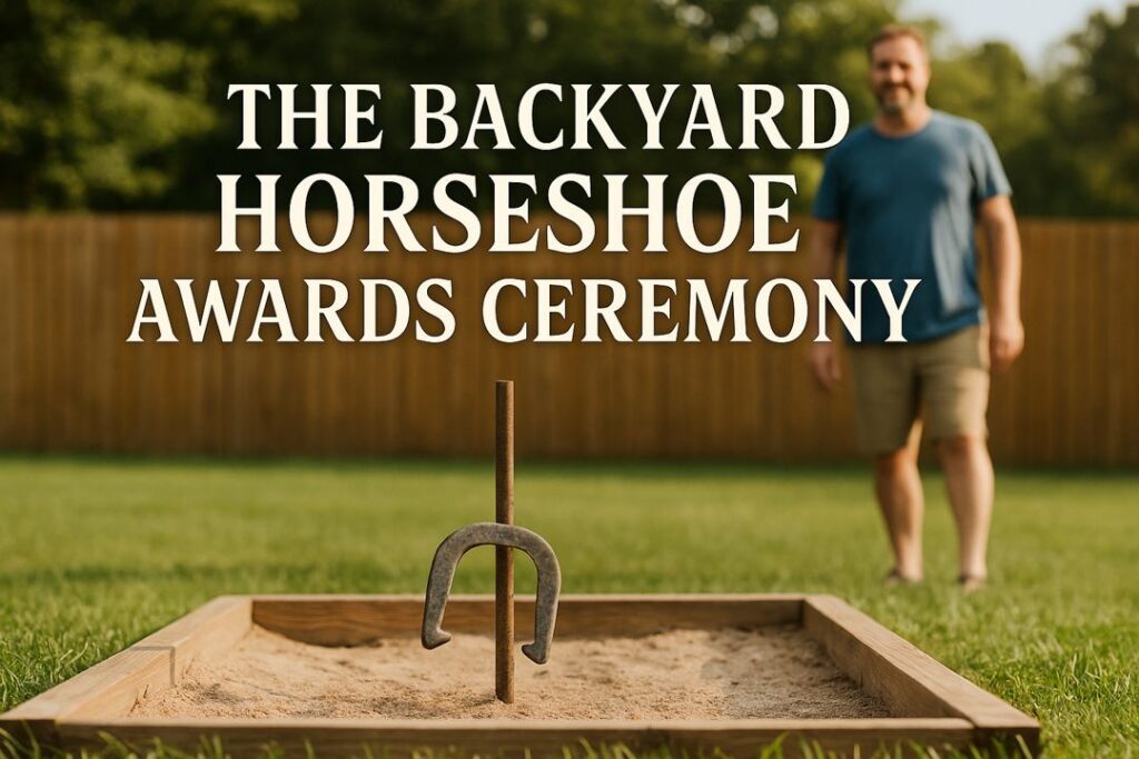 A photorealistic backyard horseshoe pit with a ringer on the stake, featuring the title “The Backyard Horseshoe Awards Ceremony” with a man standing in the background.