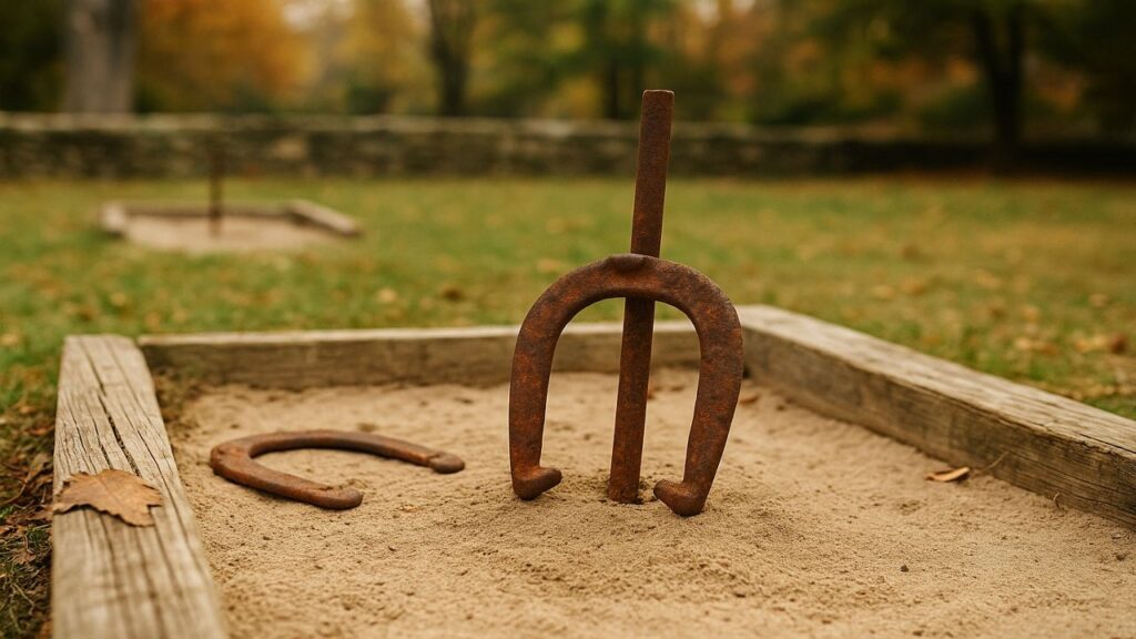 A single stake and rusted horseshoes resting in an old wooden-framed sand pit, representing early twentieth-century Florida horseshoe tradition.