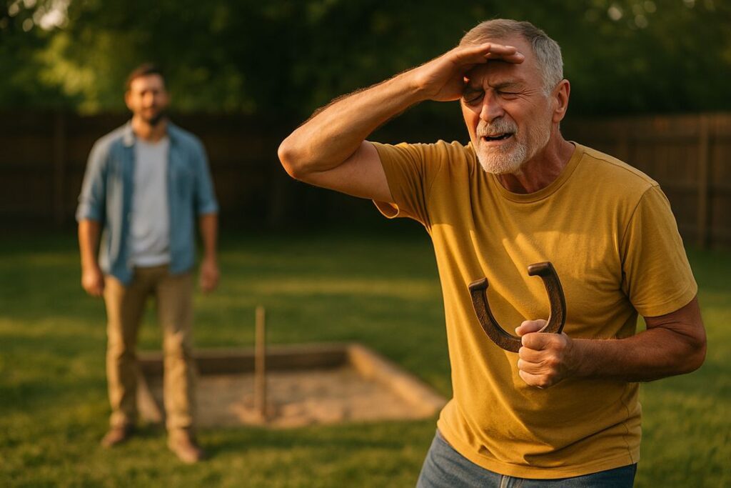 Older man shielding his eyes dramatically from the sun while holding a horseshoe, with another man blurred in the background at a backyard horseshoe pit.