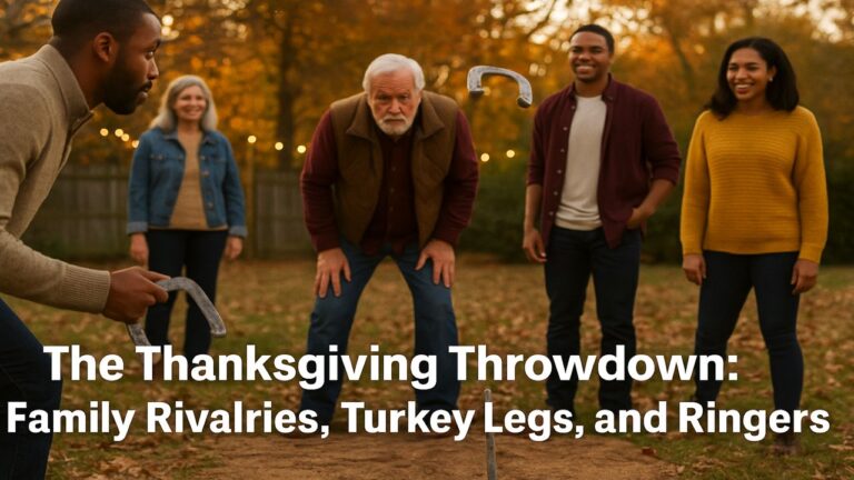 Diverse family playing a Thanksgiving horseshoe game in the backyard at sunset with laughter and warm autumn light.