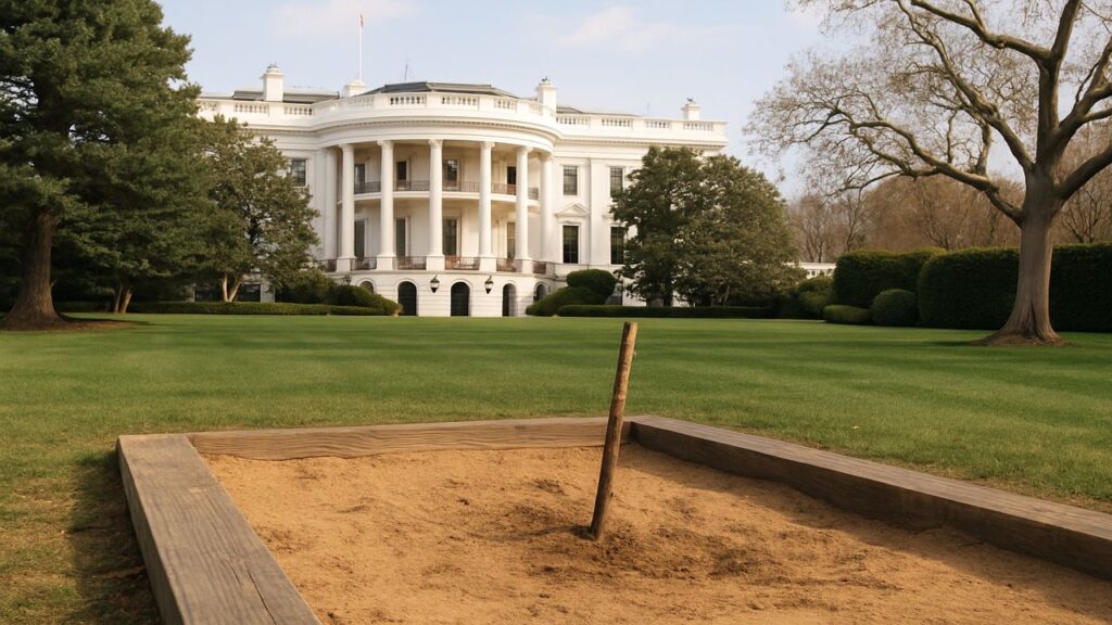 Photorealistic view of the White House with a horseshoe pit in the foreground, representing the historic pits used by Presidents Truman and George H.W. Bush.