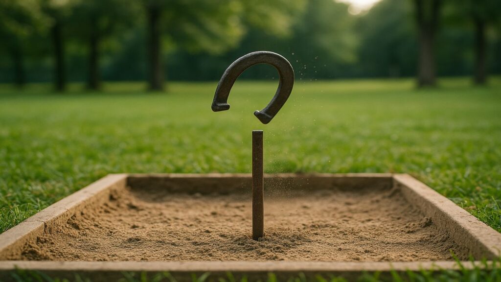 A horseshoe traveling in a clean, natural arc toward a backyard stake during a quiet, focused moment.