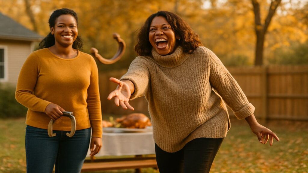 Black mother and daughter laughing mid-throw during a Thanksgiving backyard horseshoe game, warm sunlight and cozy sweaters.