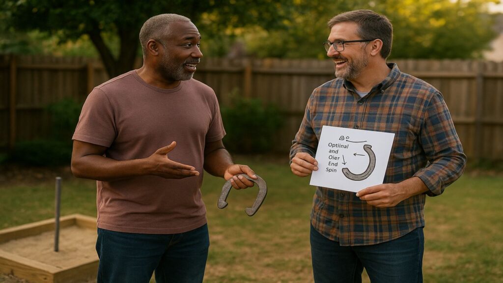 Two men stand near a horseshoe pit laughing as one shows a humorous AI-generated diagram on a tablet, demonstrating incorrect pitching advice.