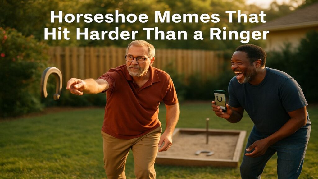 Two middle-aged men laughing beside a backyard horseshoe pit while one shows a funny horseshoe meme on his phone, with another player pitching in the background.