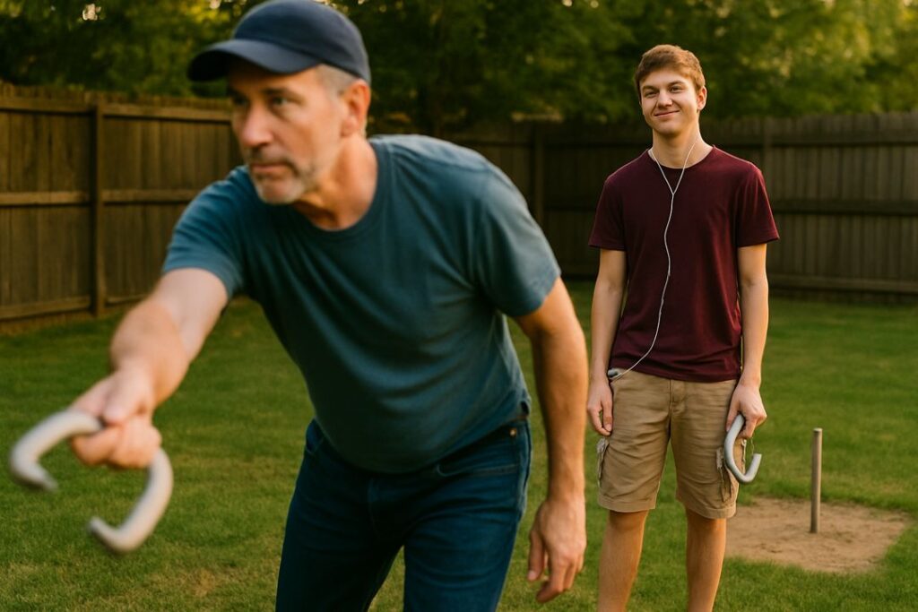 Two men facing off in a backyard horseshoe pit, each preparing to throw in a tense rivalry moment, with warm natural lighting and correct horseshoe form.