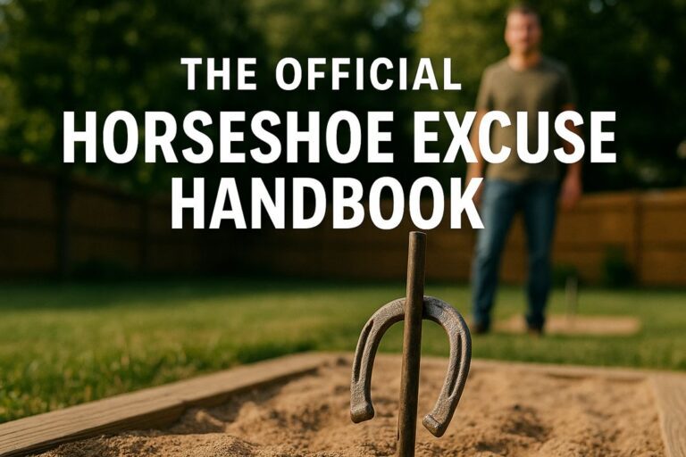 Image of a backyard horseshoe pit with an open handbook titled “The Official Horseshoe Excuse Handbook” resting on a wooden table beside a ringer stake.