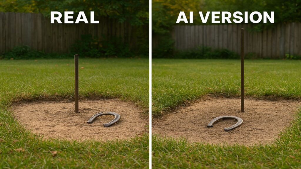 Side-by-side horseshoe pits showing a correct pit next to an AI-style incorrect pit with wrong stake height and uneven sand, illustrating AI’s mistakes visually.