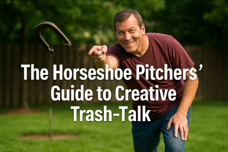 A smiling man tosses a horseshoe in a backyard at close range, with the article title “The Horseshoe Pitchers’ Guide to Creative Trash-Talk” overlaid in large white text.