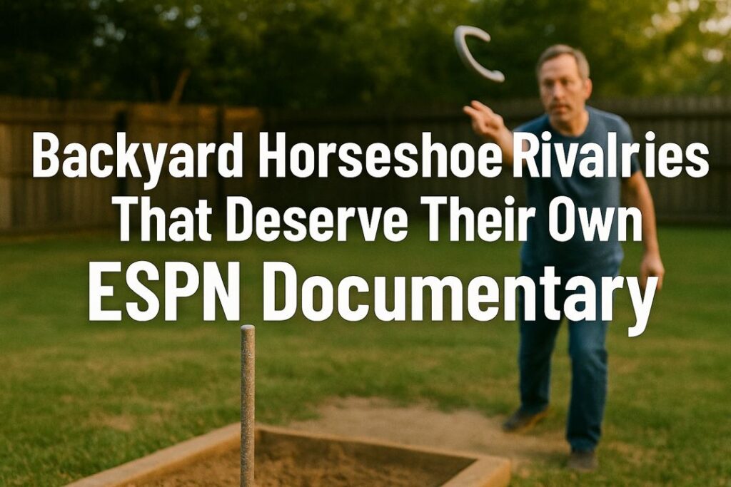 Photorealistic backyard horseshoe pit with dramatic lighting and two players mid-game, representing intense neighborhood rivalries for the article “Backyard Horseshoe Rivalries That Deserve Their Own ESPN Documentary.”