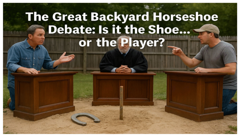 Backyard horseshoe players arguing over whether the shoe or the player caused a bad throw, with a judge-like figure watching at the pit.