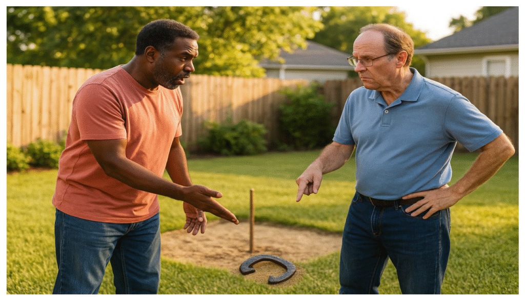 Two backyard horseshoe players debating and pointing at a poorly thrown shoe lying in the sand near the stake.
