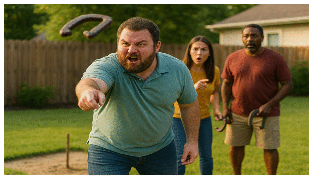 A determined player aggressively throws a horseshoe while two others react in shock beside a backyard pit.