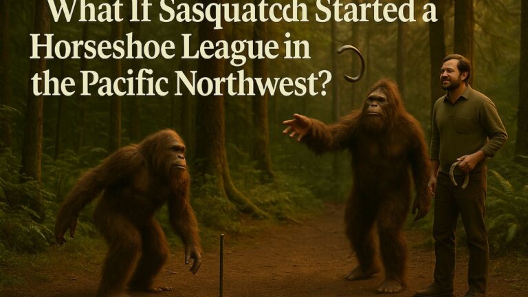 Sasquatch and a man playing horseshoes together in a mossy Pacific Northwest forest clearing.