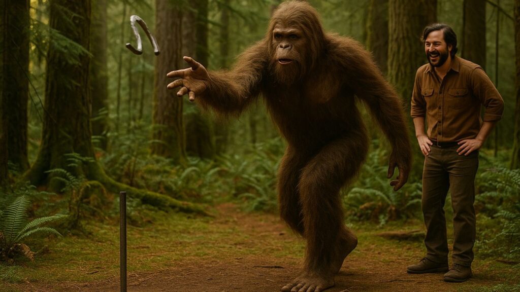 Bigfoot delivering a smooth horseshoe pitch while a player laughs nearby in a mossy evergreen forest.