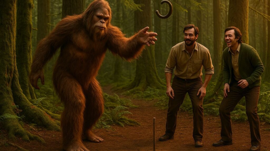 Bigfoot tossing a horseshoe toward a forest stake while two friends look on and cheer.