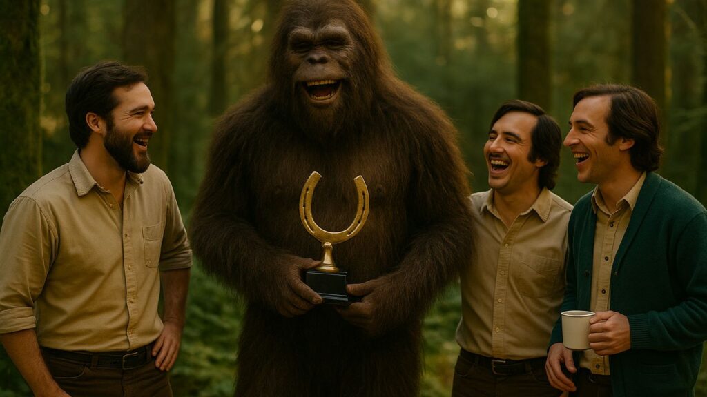 Bigfoot holding a horseshoe-shaped trophy while laughing with players in a green forest clearing.